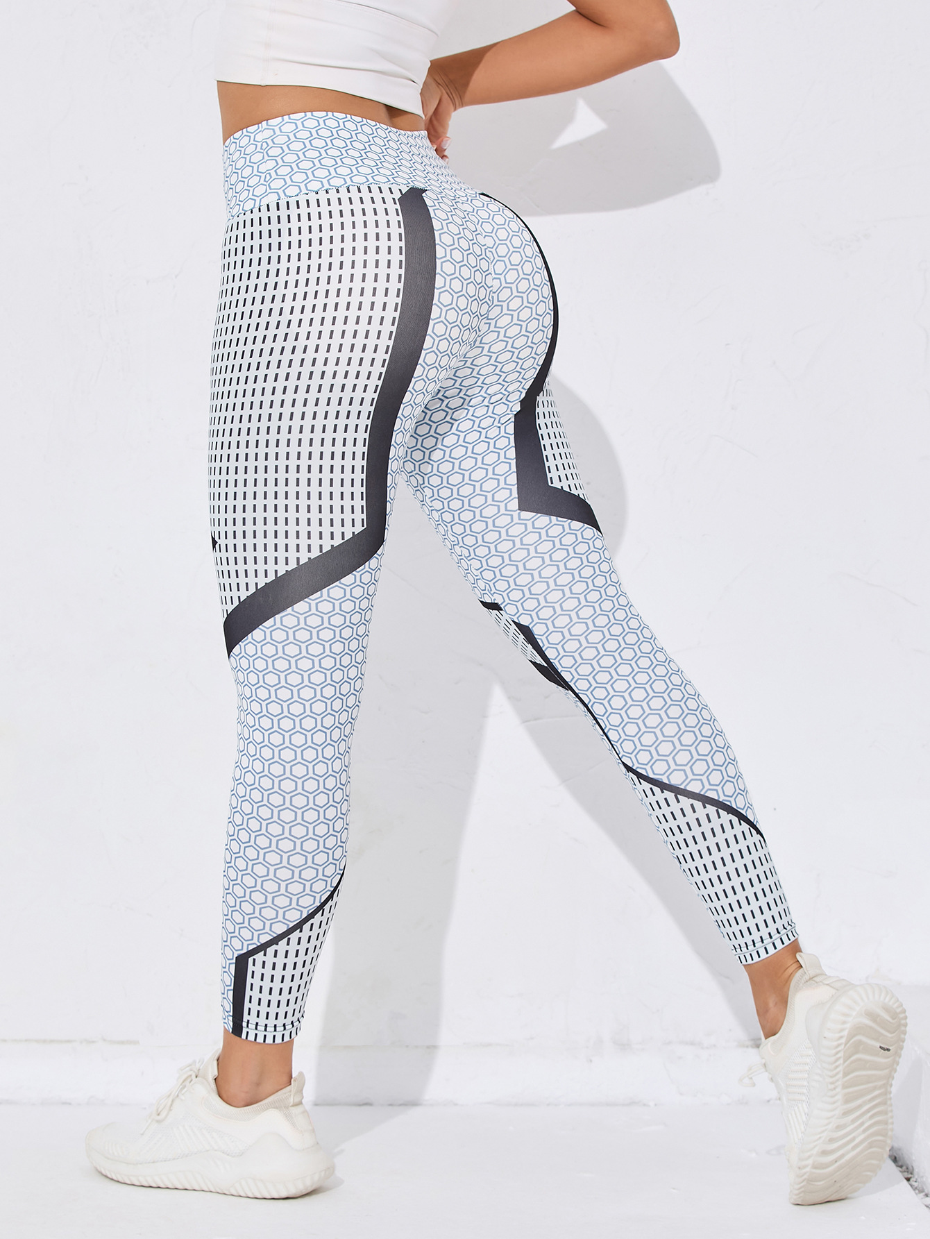 Womens High Waist Geometric Print Workout Leggings with Honeycomb Pattern